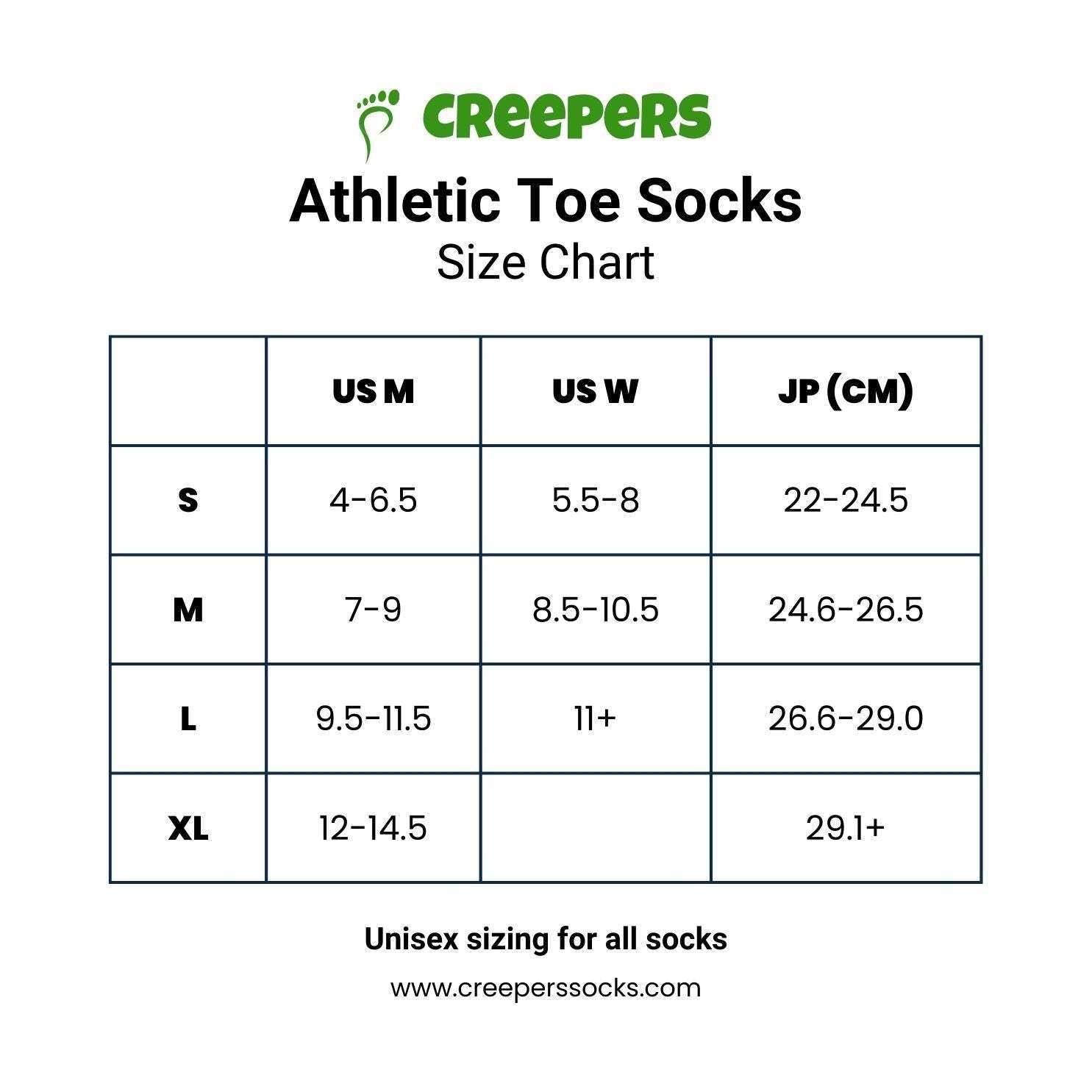 Creepers merino running toe socks size chart